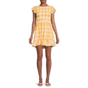 Saylor Saya Dress Womens Small Yellow Checkered‎ Smocked Mini Peasant Casual